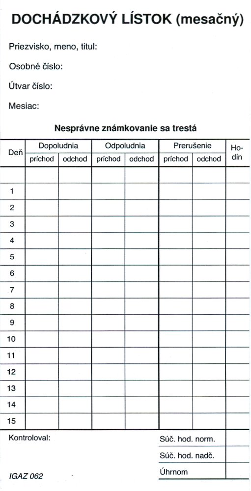 Dochádzkový list mesačný