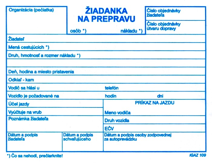 Žiadanka na prepravu 100 listov A6