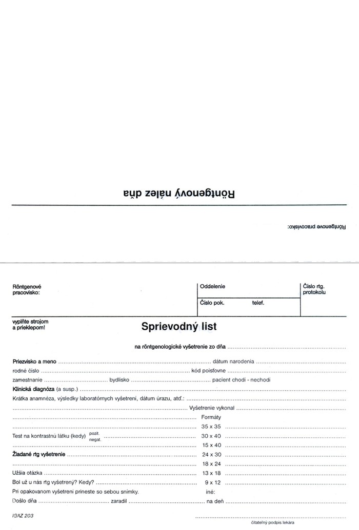 Sprievodný list na RTG vyšetrenie A5