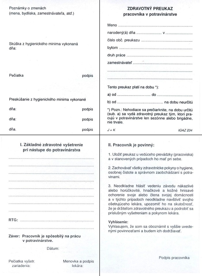 Zdravotný preukaz pracov. v potravin. A6