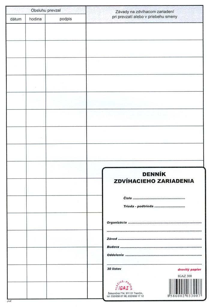 Denník zdvíhacieho zariadenia   30list